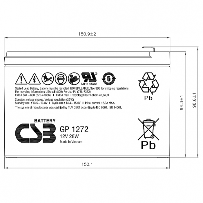 Аккумуляторная батарея CSB GP 1272 F2 28W (12V/7.2Ah) — фото 2