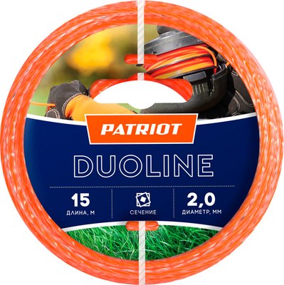 Леска для триммера PATRIOT Duoline 2.0мм/15м (скрученный квадрат, двухцветная, красная жила) - 