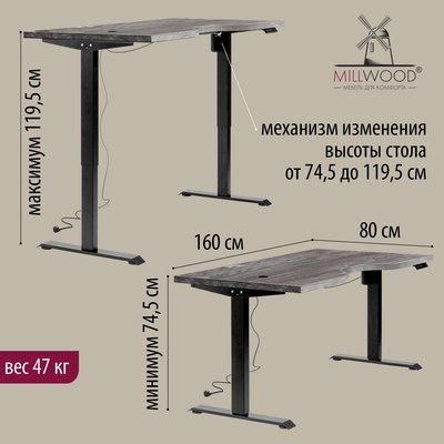 Компьютерный стол Millwood Подъемный Смарт с вырезом 160x80 (сосна пасадена/металл черный)