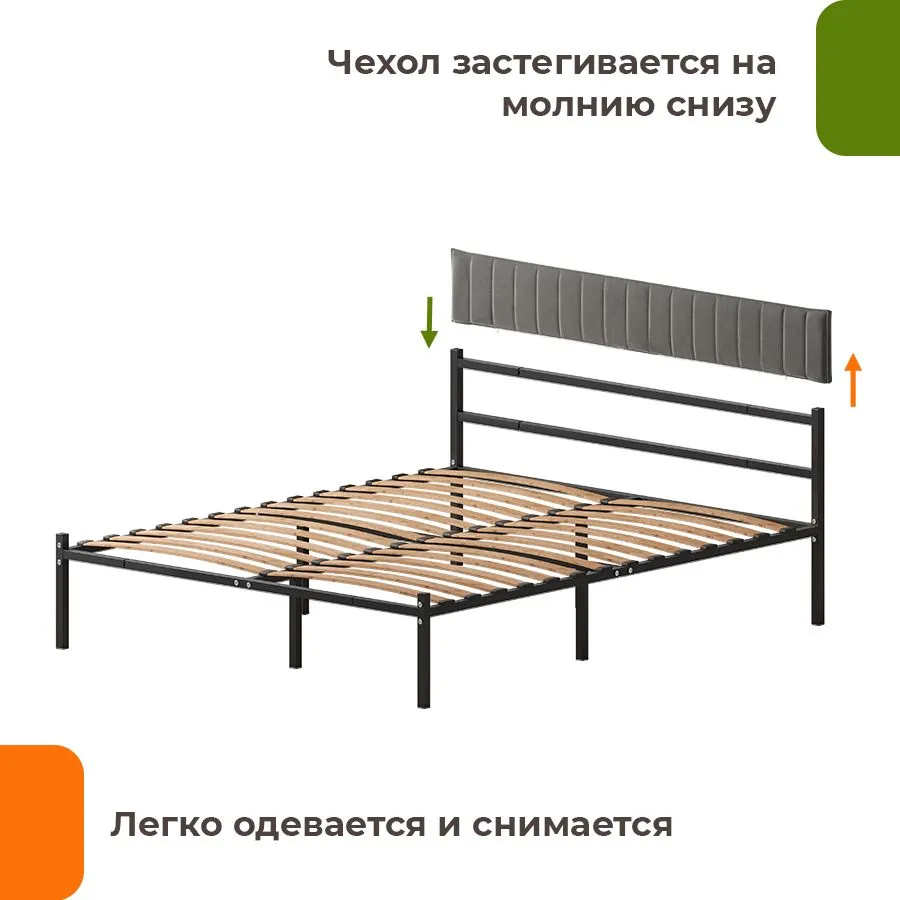 Двуспальная кровать Домаклево Лофт Компакт 140x190 (черный/темно-серый велюровый чехол) — фото 2