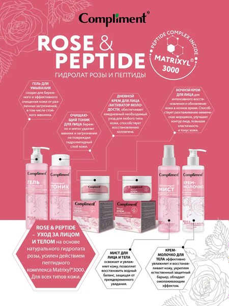 Гель для умывания Compliment Rose&Peptide Мгновенное сияние для всех типов (200мл)