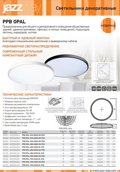 Потолочный светильник JAZZway PPB OPAL 36W 4000K WH IP40 / 5060845