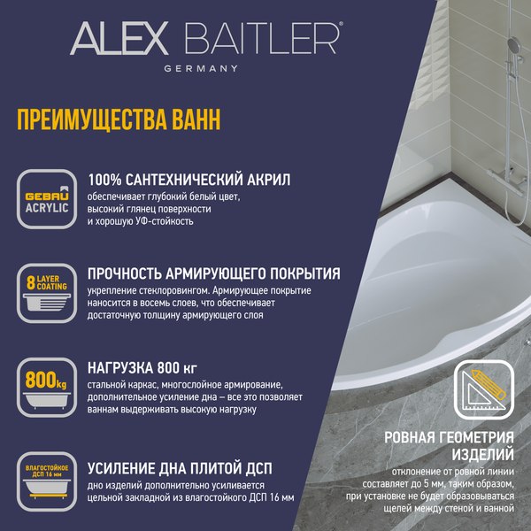 Ванна акриловая Alex Baitler Ladoga R 170x110