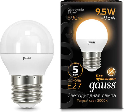 Лампа Gauss Шар 9.5W 890lm 3000K E27 LED / 105102110 - 