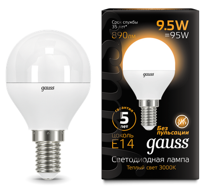 Лампа Gauss Шар 9.5W 890lm 3000K E14 LED / 105101110 -