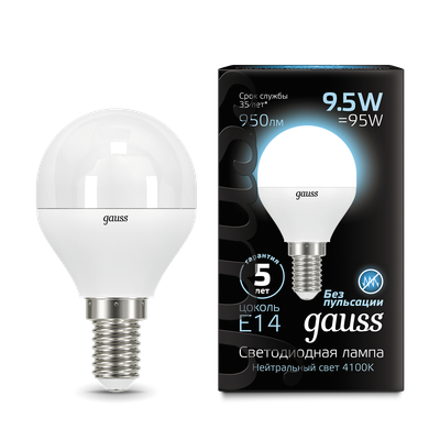 Лампа Gauss Шар 9.5W 950lm 4100K E14 LED / 105101210 - 
