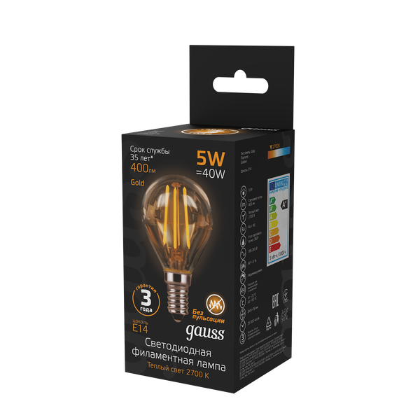 Лампа Gauss Filament Шар 5W 400lm 2700К Е14 Golden LED / 105801005
