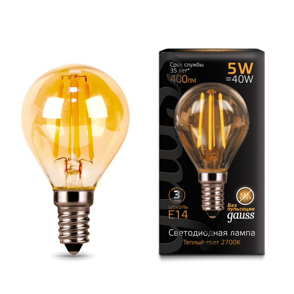 Лампа Gauss Filament Шар 5W 400lm 2700К Е14 Golden LED / 105801005