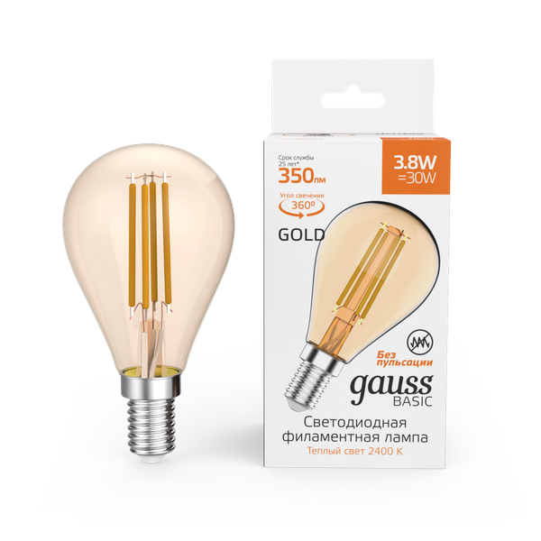 Лампа Gauss Basic Filament Шар 3.8W 350lm 2400К Е14 Golden LED / 1057154