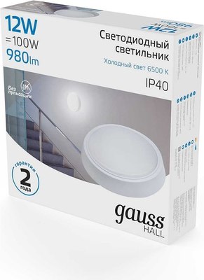 Светильник для подсобных помещений Gauss IP40 12W 980lm 6500K 200-240V HALL круглый / 193411312