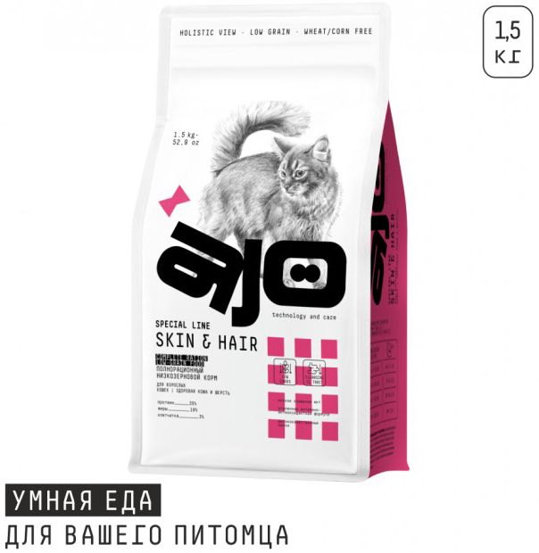 Сухой корм для кошек AJO Cat Skin & Hair для кошек здоровая кожа и красивая шерсть (1.5кг) — фото 2