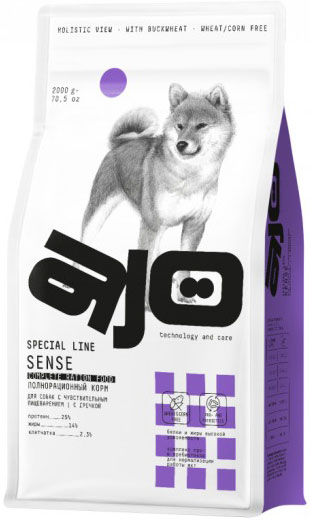 Сухой корм для собак AJO Dog Sense с гречкой для собак с чувствительным пищеварением (2кг)