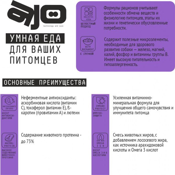 Сухой корм для собак AJO Dog Sense с гречкой для собак с чувствительным пищеварением (12кг)