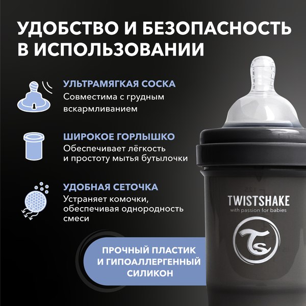 Бутылочка для кормления Twistshake Антиколиковая 79121 (125мл, черный)