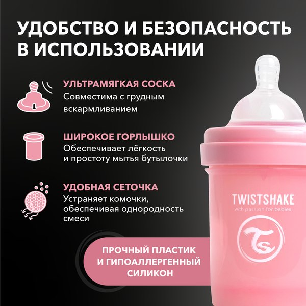 Бутылочка для кормления Twistshake Антиколиковая 79086 (125мл, пастельный розовый)
