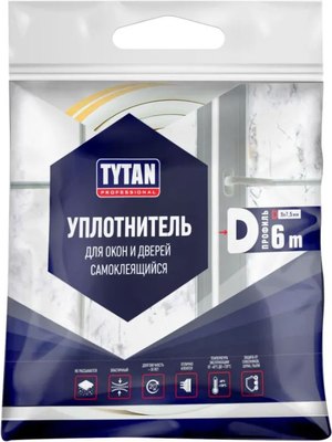 Лента уплотнительная Tytan Professional Для окон и дверей D-профиль 6мx9ммx7.5мм / 19460 (белый) - 