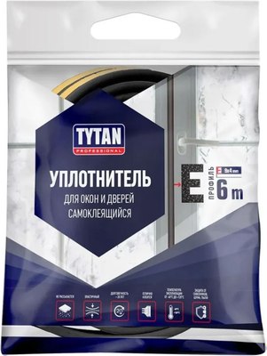 Лента уплотнительная Tytan Professional Для окон и дверей Е 6мx9ммx4мм / 19644 (черный) - 