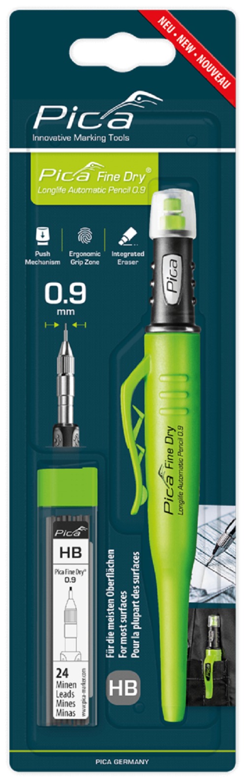 Карандаш строительный Pica Fine Dry / 70703 (с набором грифелей, серый)