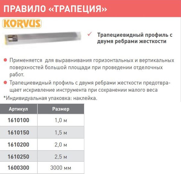 Правило строительное Korvus Трапеция 2 ребра жесткости (1м)