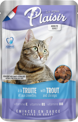 

Влажный корм для кошек, с форелью и креветкой в соусе