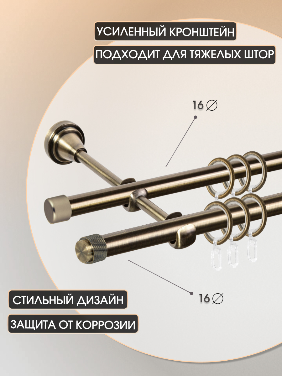 Карниз для штор Sundays Home Орсей 16мм+16мм двухрядный (антик, 2м) — фото 4