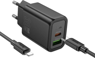 Зарядное устройство сетевое Hoco N63 с кабелем Lightning-Type-C (черный) - 