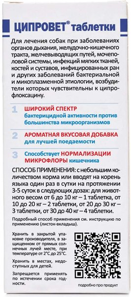 Таблетки антибактериальные для животных Агроветзащита Ципровет средних и крупных собак больше 10кг (10 таблеток)