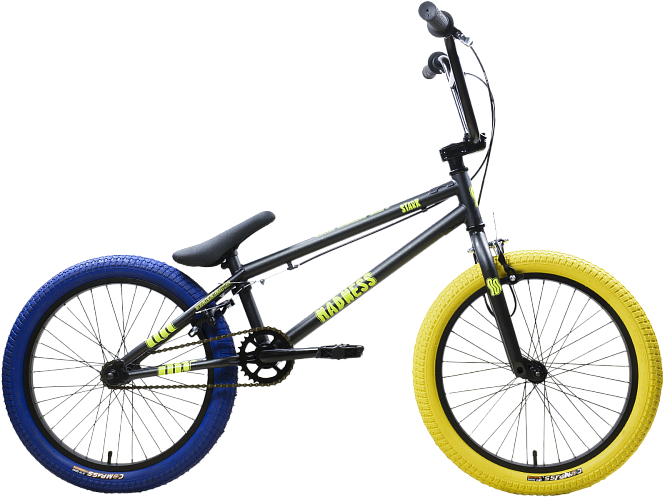 Велосипед STARK Madness BMX 1 2025 (графит матовый/желтый/синий, разобранный, в коробке)