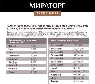 Влажный корм для кошек Мираторг Extra Meat для стерилизованных кошек с курочкой в соусе (80г)