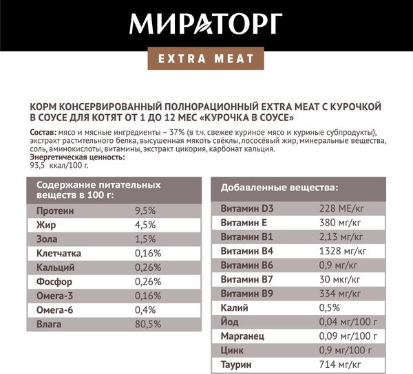 Влажный корм для кошек Мираторг Extra Meat для котят от 1 до 12 мес с курочкой в соусе (80г)