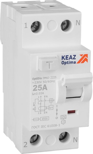 Устройство защитного отключения КЭАЗ 2п 25А 30мА A 4.5кА OptiDin DM63-2225 УХЛ4 / 343912