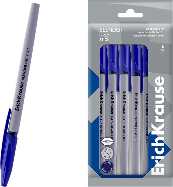 Набор шариковых ручек Erich Krause Slender Stick Grey 0.7 Super Glide Technology / 63679 (8шт, синий)