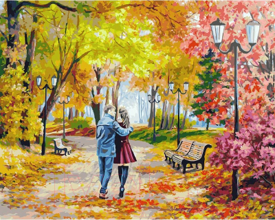 Картина по номерам БЕЛОСНЕЖКА Осенний парк, скамейка, двое / 142-AB