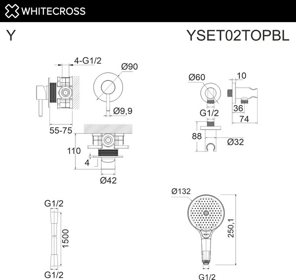 Душевой гарнитур со смесителем Whitecross Y YSET02TOPBL (черный матовый)