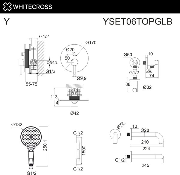 Душевой гарнитур со смесителем Whitecross Y YSET06TOPGLB (брашированное золото)