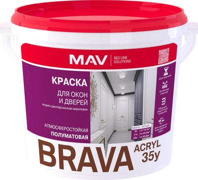 Краска MAV Brava Acryl 35у для окон и дверей ВД-АК-1035у (11л, белый М-1 полуглянцевый) - 