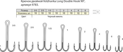 Набор крючков рыболовных Волжанка Long Double Hook 90° / 9783-3/0 (10шт) - 