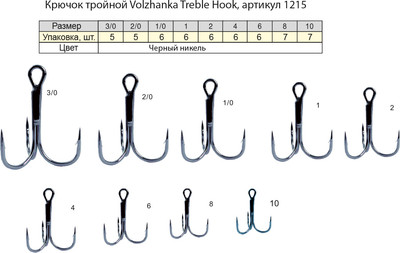 Набор крючков рыболовных Волжанка Treble Hook / 1215-2 (6шт) -