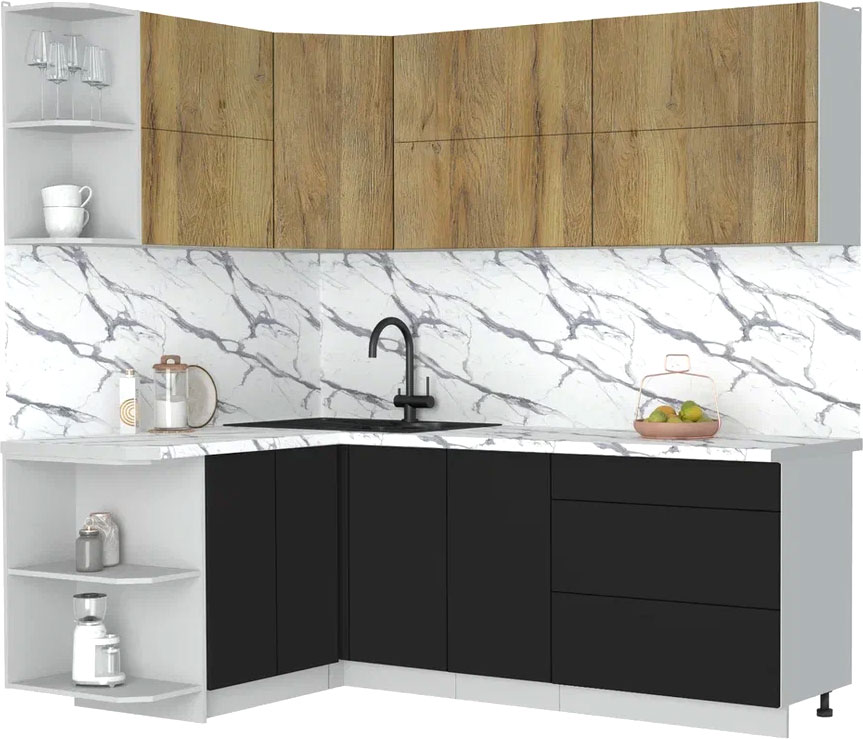 Кухонный гарнитур Interline Мила Матте 1.5x2.2 А (дуб вотан/черный/белый гранит)