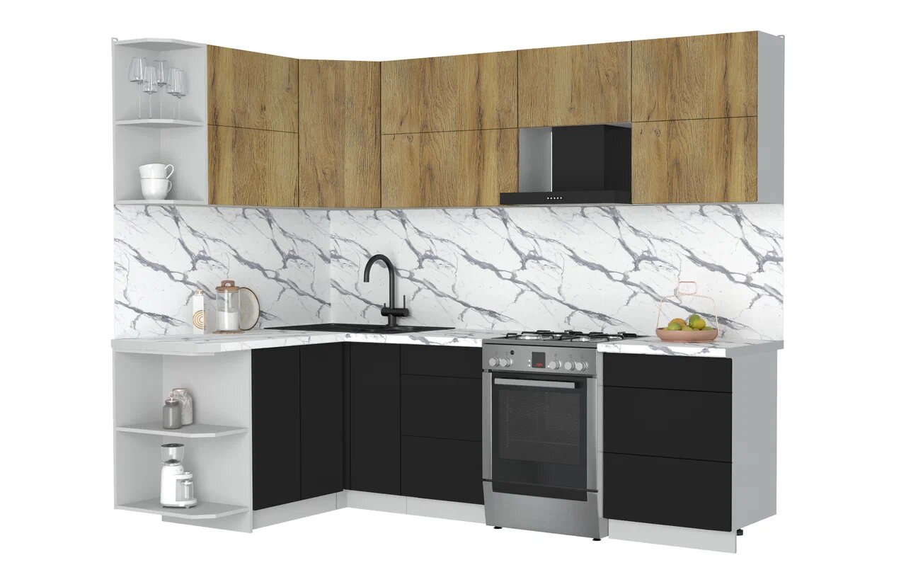 Кухонный гарнитур Interline Мила Матте 1.5x2.6 Б (дуб вотан/черный/белый гранит)