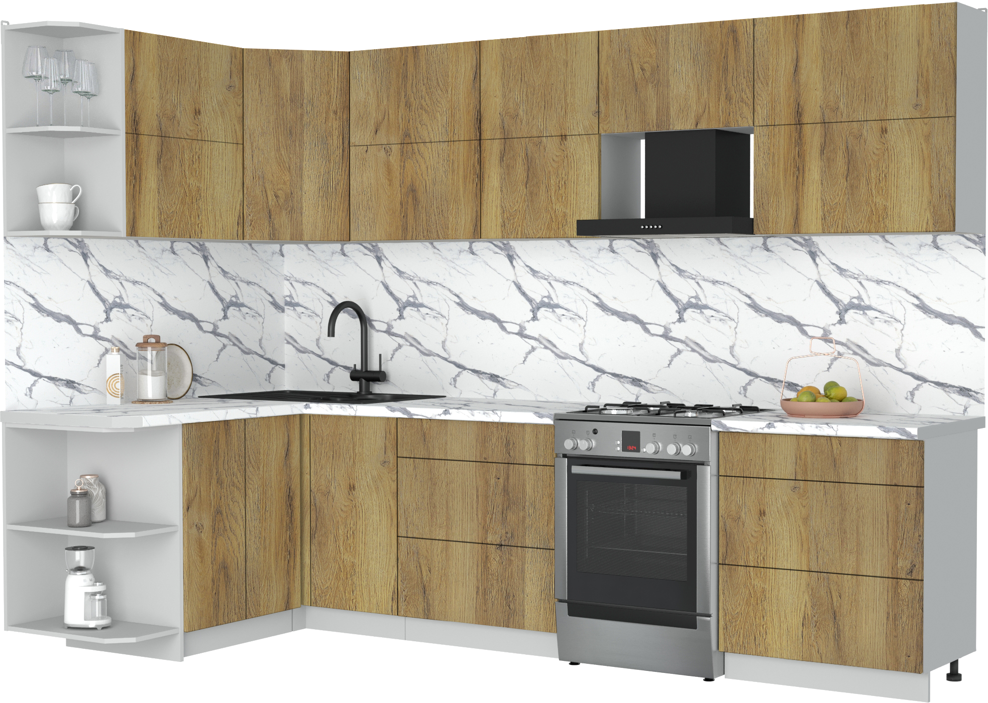 Кухонный гарнитур Interline Мила Матте 1.5x3.0 Б (дуб вотан/дуб вотан/белый гранит)