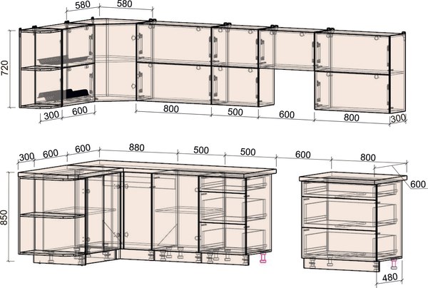 Кухонный гарнитур Интерлиния Мила Матте 1.5x3.3 Б (мята/керамика/опал светлый)