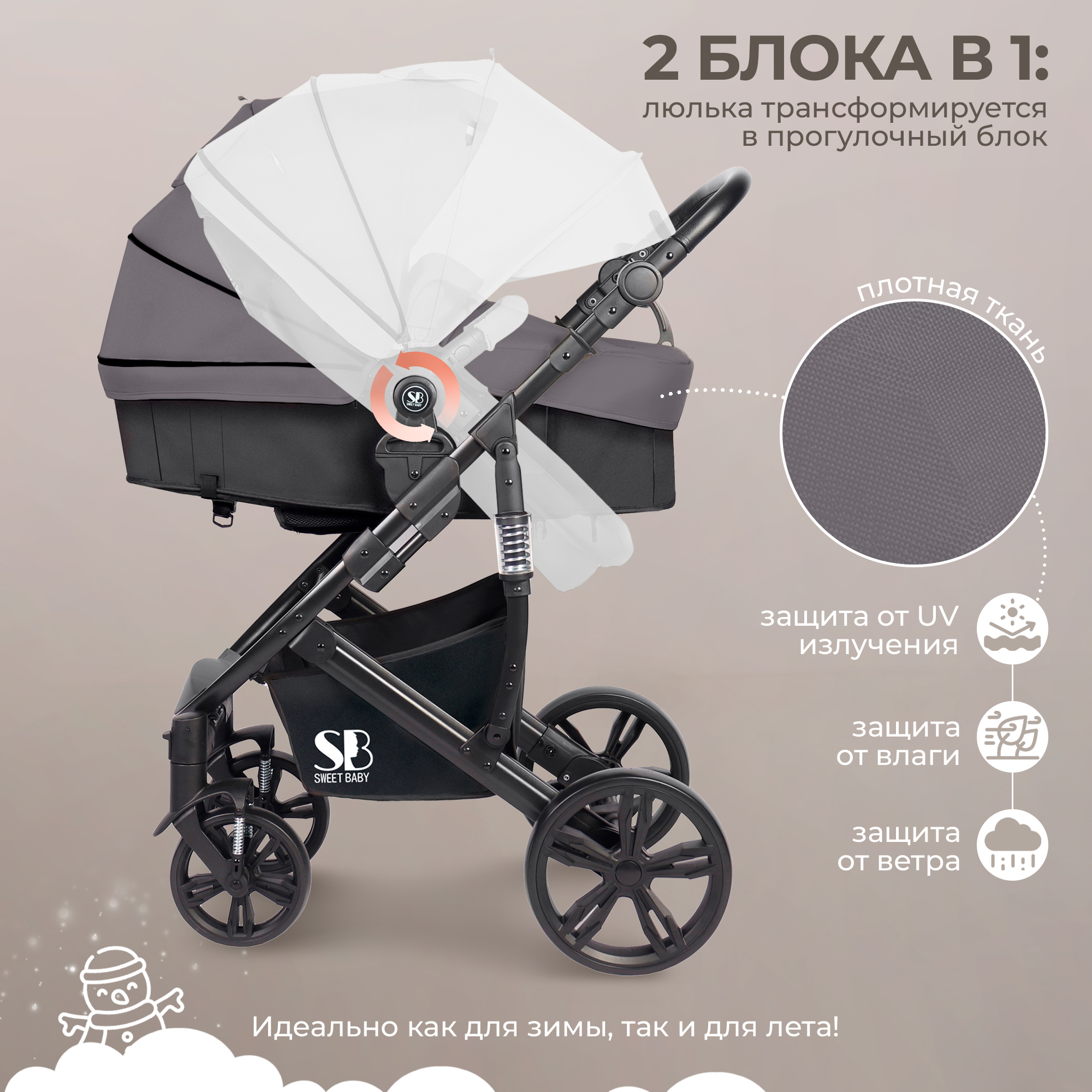 Детская универсальная коляска Sweet Baby Comfort 2в1 (черный/серый) — фото 3