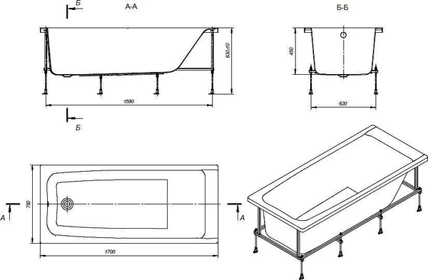 Купить Ванна акриловая Roca Elba 170x75 / 248507000 + 248513000 + 248508000 в Бобруйске