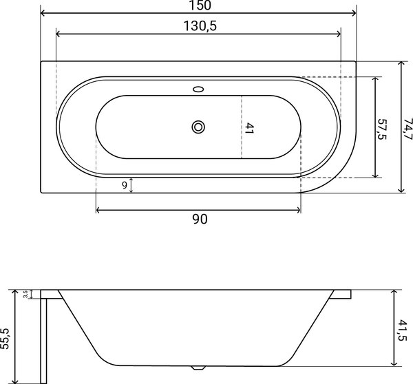 Ванна акриловая Lauter Bliss 150 L / 21201051L (с каркасом/серый подголовн./белый лицевой экран)