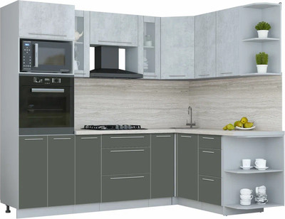 Кухонный гарнитур Интерлиния Мила Пластик 1.68x2.4 PR (оксид светлый/шторм/травертин серый) - 