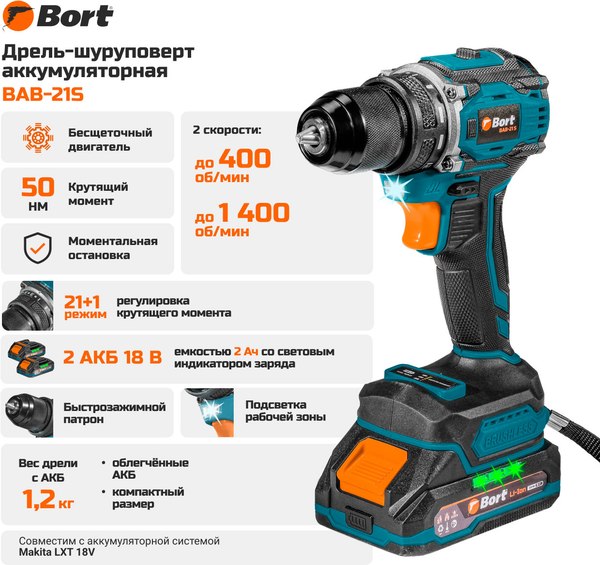 Аккумуляторная дрель-шуруповерт Bort BAB-21S (93414912)