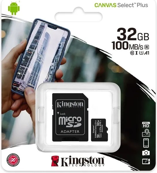 Карта памяти Kingston Canvas Select Plus microSDHC Class 10 UHS-I U1 100MB/s 32GB+ADP