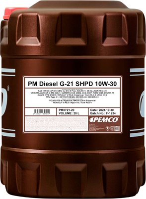 Моторное масло Pemco G-21 Diesel 10W30 SHPD CK-4/SN Plus / 58256 (20л) - 