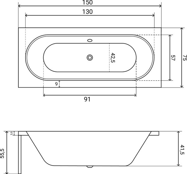 Ванна акриловая Lauter Ava 150 / 21208050 (с каркасом, серым подголов, белым лиц.и торц. экраном)